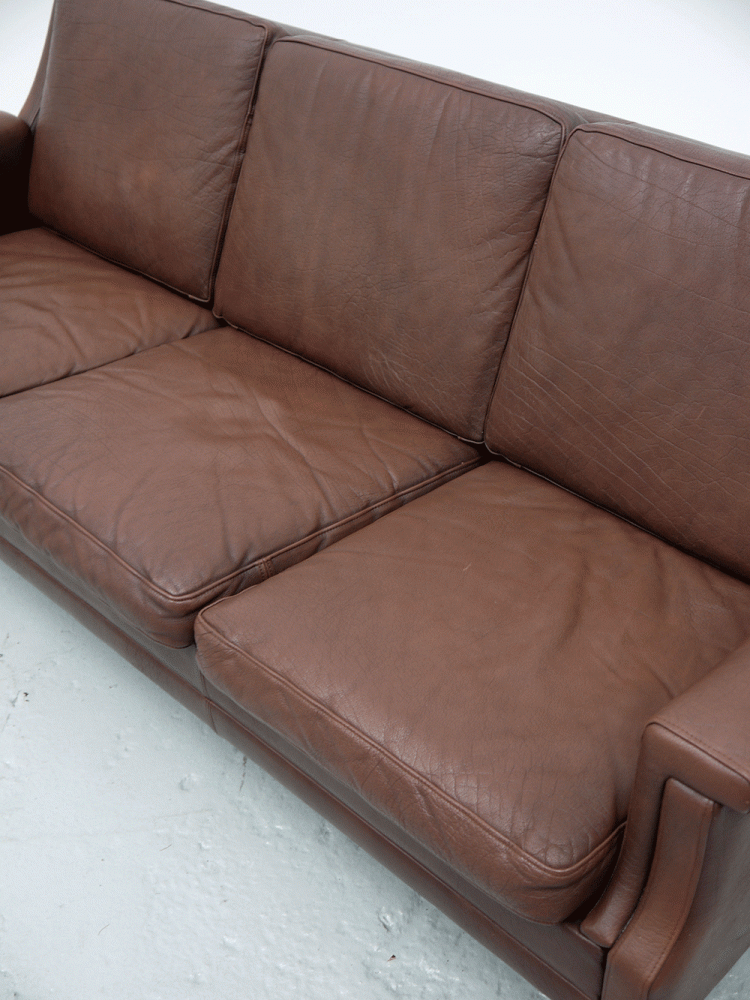 Danish – Three Seat Brown Leather Sofa.