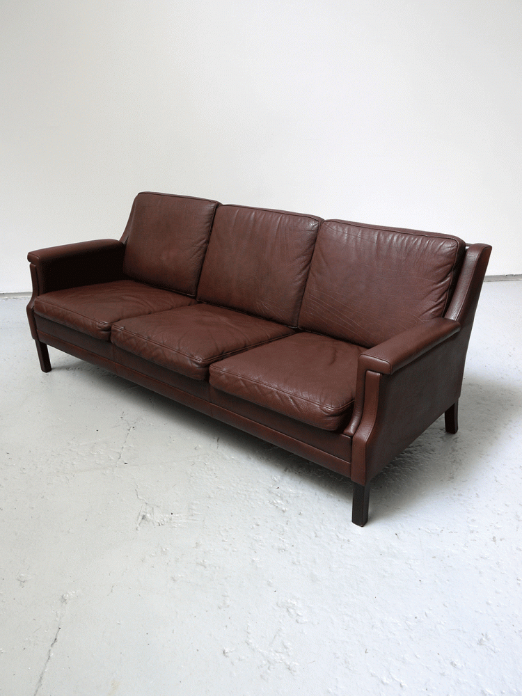 Danish – Three Seat Brown Leather Sofa.