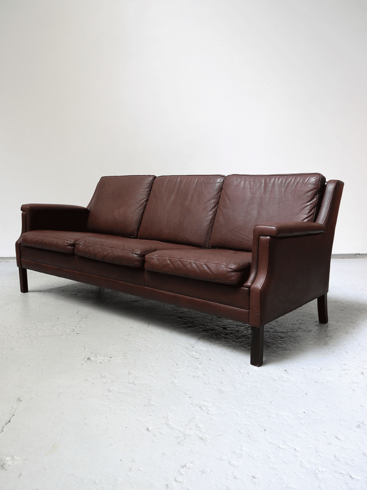 Danish – Three Seat Brown Leather Sofa.