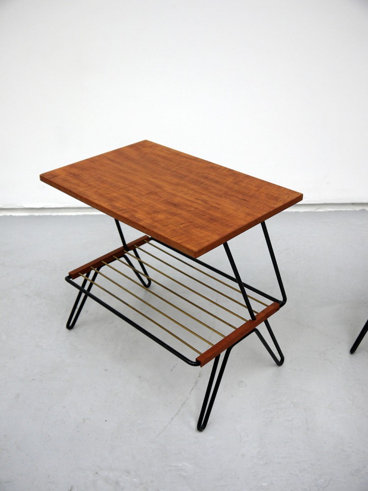 Swedish – Pair of Wire and Teak Side Tables