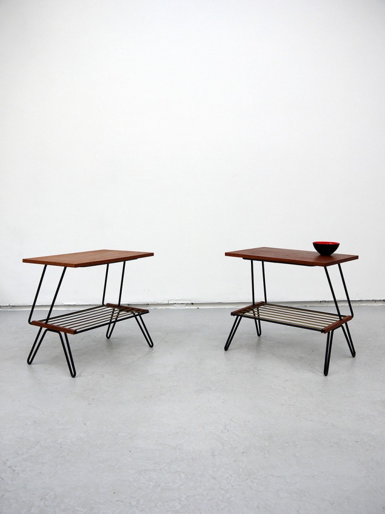 Swedish – Pair of Wire and Teak Side Tables