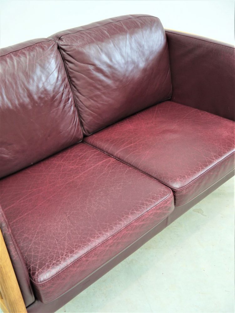 Danish – Oak and Burgundy Leather Two Seat Sofa