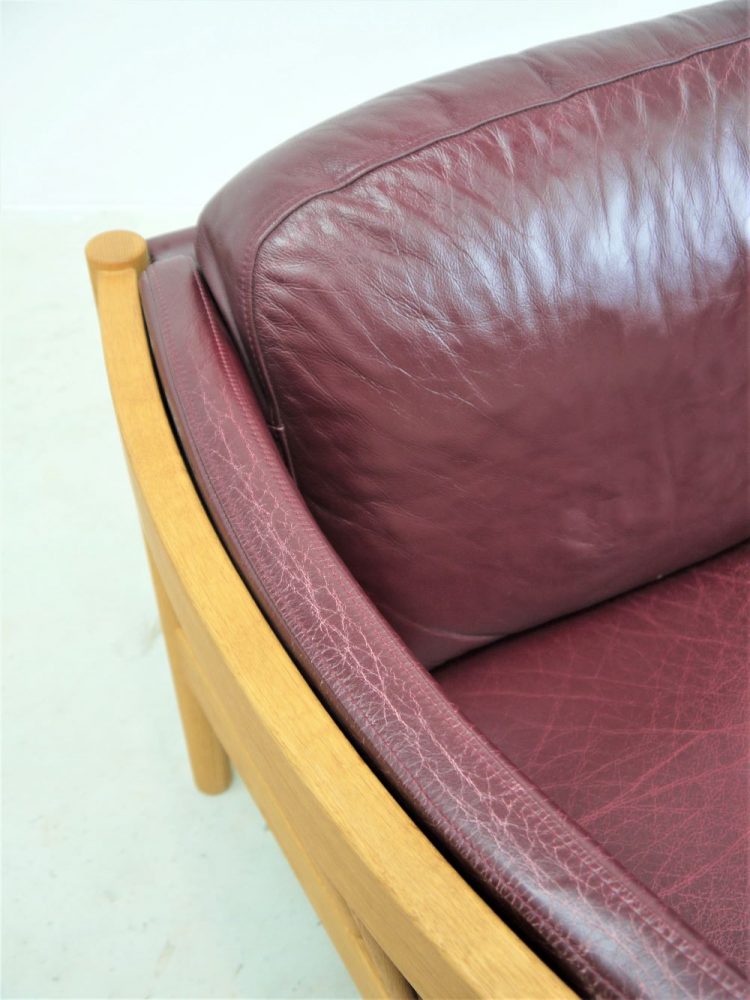 Danish – Oak and Burgundy Leather Two Seat Sofa