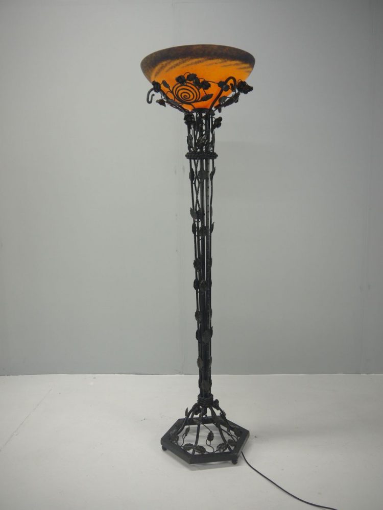 French – Art Nouveau Wrought Iron and Glass Floor Lamp
