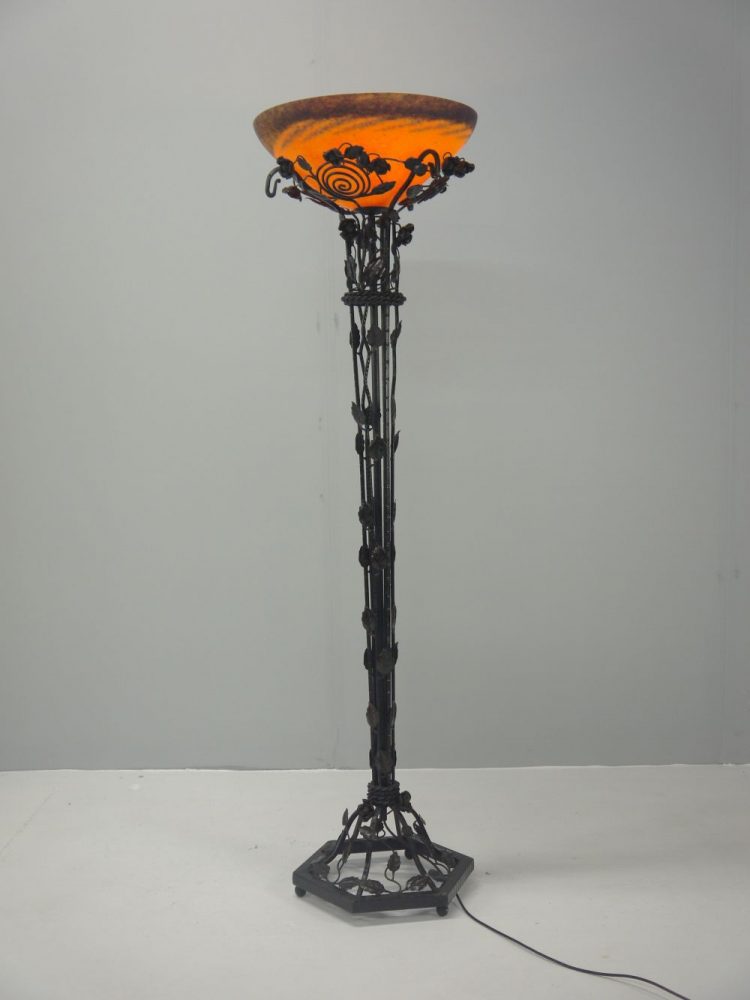 French – Art Nouveau Wrought Iron and Glass Floor Lamp