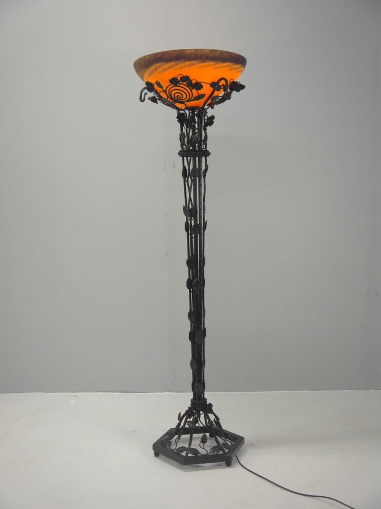 French – Art Nouveau Wrought Iron and Glass Floor Lamp