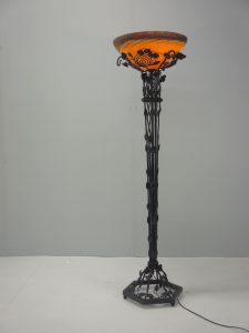 French – Art Nouveau Wrought Iron and Glass Floor Lamp