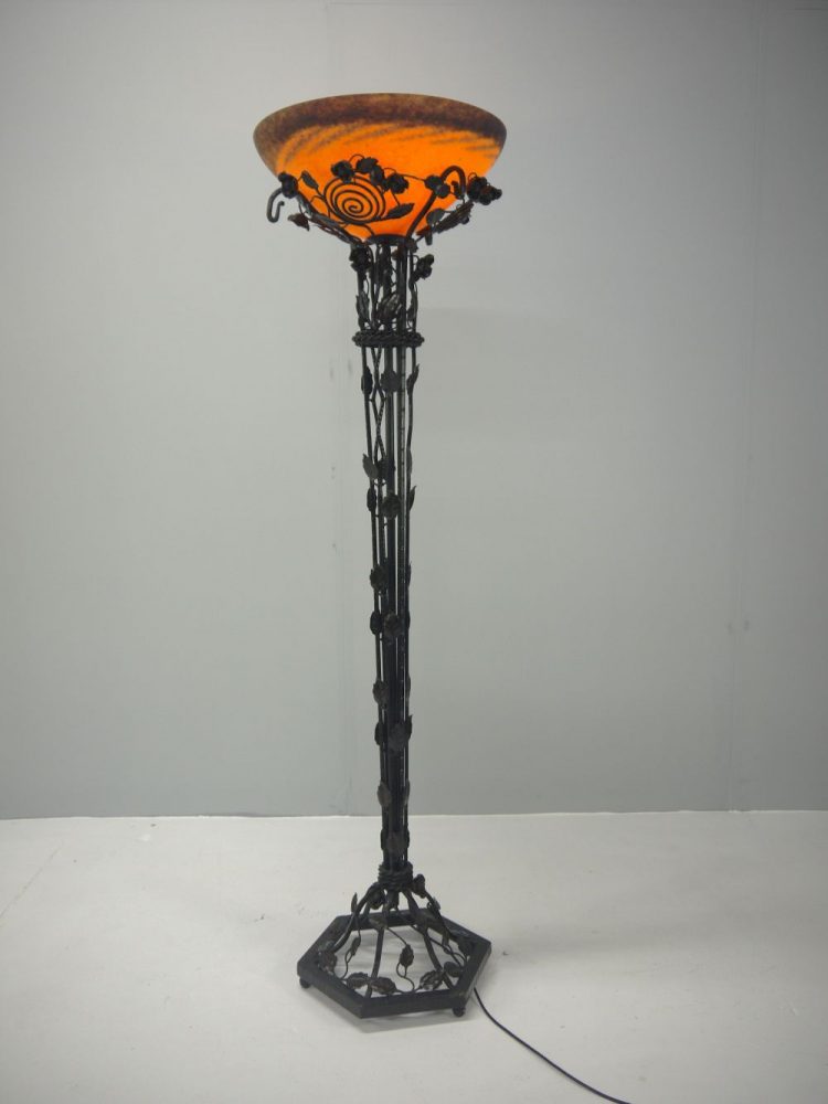 French – Art Nouveau Wrought Iron and Glass Floor Lamp