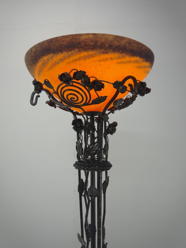 French – Art Nouveau Wrought Iron and Glass Floor Lamp