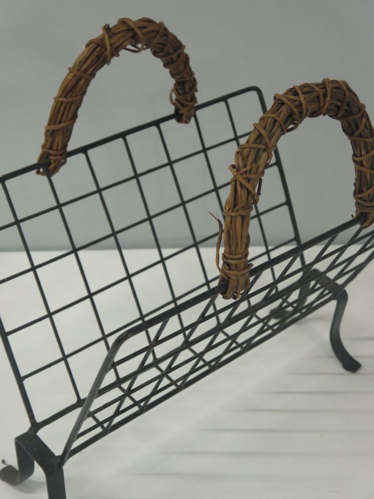 French – Midcentury Metal and Cane Magazine Holder