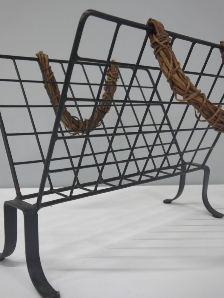 French – Midcentury Metal and Cane Magazine Holder